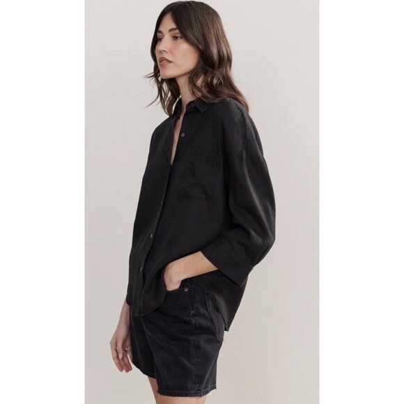 JENNI KAYNE 100% Linen Logan Shirt Black Size Large Minimalist Lagenlook
